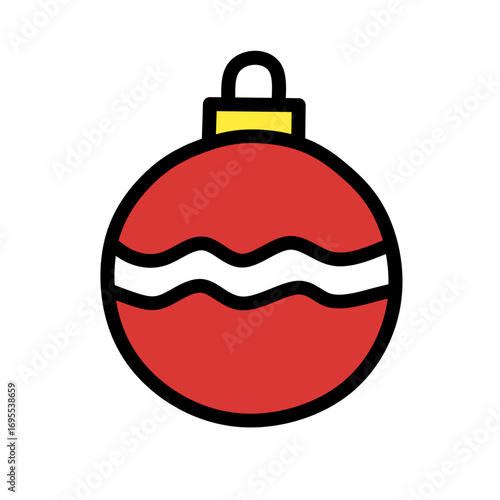 Christmas Ornament, A round red bauble with a white wavy design, used to decorate Christmas trees.