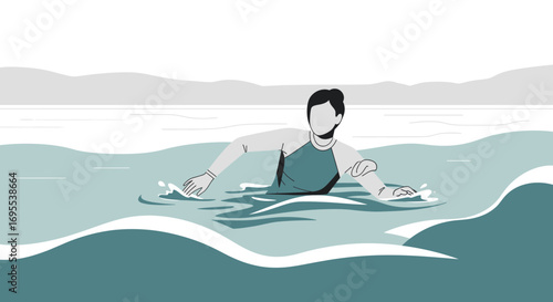 A minimalist illustration depicts a man swimming in calm water during a sunny day