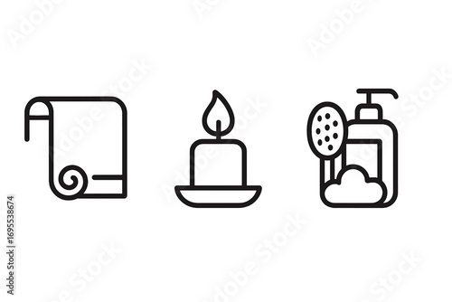Minimalist spa icons set with towel, candle, and bath supplies, vector cartoon illustration, transparent background, ordered collection, wellness and relaxation symbols