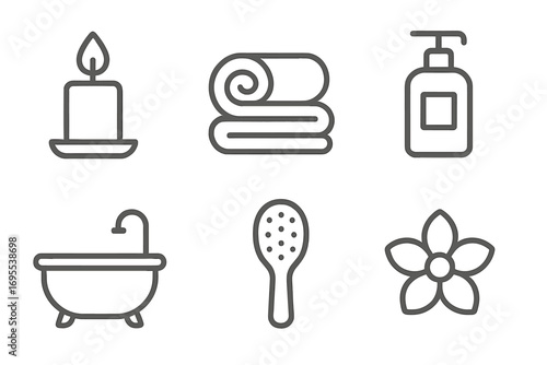 Minimalist spa icons set with candle, towel, lotion bottle, bathtub, brush, flower outline design, wellness symbols, relaxation vector illustration, transparent background