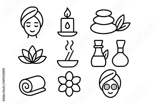 Minimalist Spa and Wellness Icons Set for Relaxation and Self-Care, Line Art Vector Illustrations Featuring Candle, Stones, Lotus, Oils, Flowers, and Facial Mask Elements