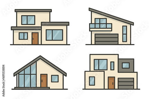 Various modern house designs showcasing contemporary architectural styles in minimalist vector cartoon illustration format with transparent background, sleek facades and large windows