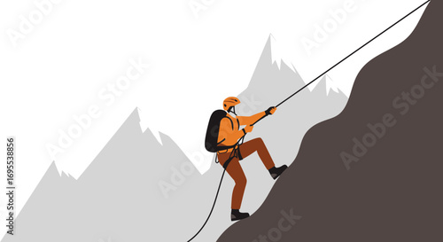 A Mountaineer Ascending a Mountain, Climbing with Rope in an Isolated Environment