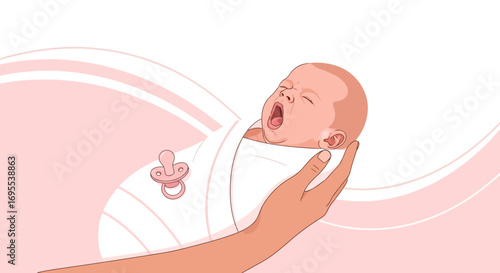 A Newborn Baby Being Held in a Hand, Soft Pink Colors, Vector Illustration