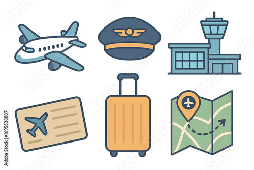 Various air travel icons collection with airplane, pilot hat, airport terminal, boarding pass, suitcase, and travel map in flat cartoon vector style, aviation set