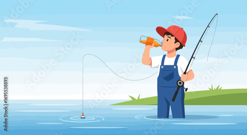 Rejuvenating Fisherman Enjoying Refreshment While Taking a Break from Freshwater Angling