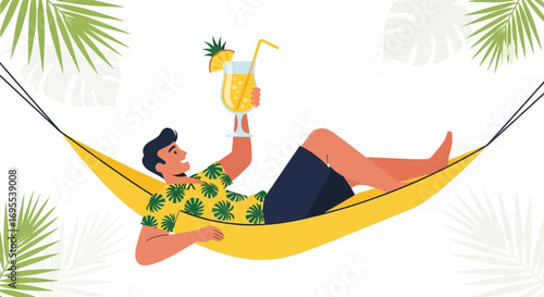 Relaxation And Tropical Escape Depiction Featuring Man And Refreshing Drink In The Hammock
