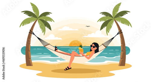 Relaxation And Tropical Vacation Scene Featuring Woman Lounging In Hammock Enjoying The Sea
