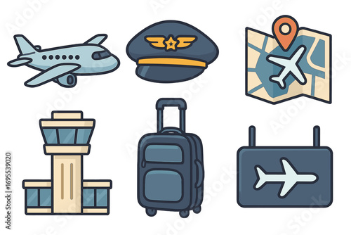 Set of flat design air travel icons including airplane, pilot hat, airport control tower, travel map with location pin, luggage suitcase, and airplane signboard vector illustration