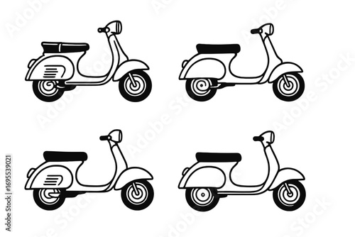 Set of classic scooter outlines. Retro Italian moped collection. Vintage motorcycle vector illustration. Minimalist transport icons for design projects. Old motorbikes set.