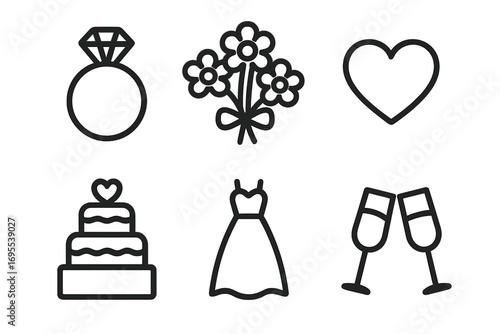 Minimalist wedding icon set with ring, bouquet of flowers, heart symbol, tiered cake, bridal dress, and clinking champagne glasses, vector illustration with transparent background