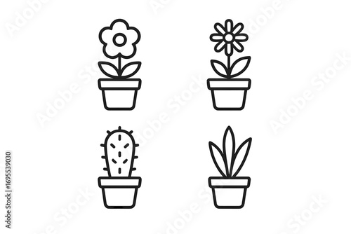 A set of potted plant icons. Minimalistic outline vector illustrations of various houseplants, a cactus, and flowers. Linear symbols for nature, garden, and botany concepts.