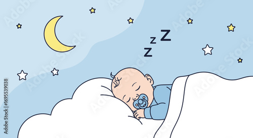 A Peaceful Illustration of a Sleeping Baby with Stars and a Crescent Moon at Night