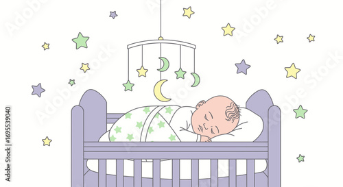 A Peaceful Infant Sleeps Soundly Under Starry Night Decorations In A Cozy Nursery