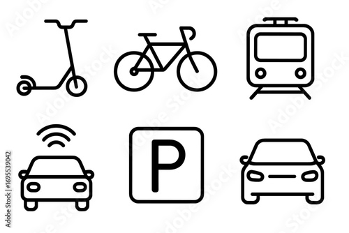 Urban transportation icons set including scooter, bicycle, bus, metro, car sharing, parking sign, linear style vector illustration for city commute and travel design