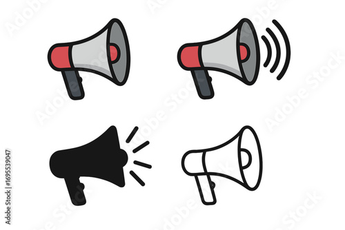 Various megaphone icons in different styles and states, representing sound, communication, announcement, loudspeaker and volume symbols, vector cartoon illustration with transparent background