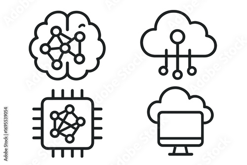 Minimalistic AI and technology icons set featuring neural networks, cloud computing, machine learning chip, digital network, and technology concepts vector illustration with transparent background