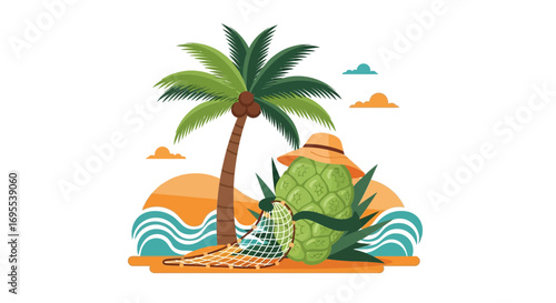 Relaxation Island Adventure Depicted With Smiling Pineapple Wearing a Hat