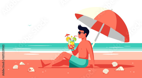 Relaxation By The Sea: Person Enjoying Drink On Beach Under Umbrella With Cocktails