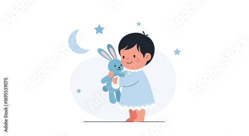 A Peaceful Little Child Embracing a Soft Blue Toy Rabbit Under The Stars Tonight