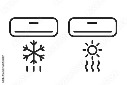 Air conditioner icons for cooling and heating. Vector line art of climate control system with snowflake and sun symbols. Hot and cold temperature concept in a simple set.