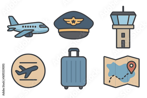 Air travel icons set with airplane, pilot hat, airport control tower, luggage, flight sign, and map location pin in flat vector cartoon style for travel and transportation concepts