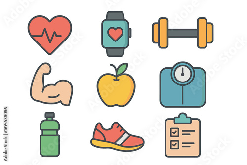 Health and fitness flat icon set. Modern vector symbols for exercise, workout, nutrition, weight loss, gym. Healthy lifestyle cartoon illustration for mobile app & web.