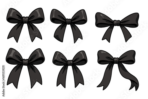 Elegant black ribbon bows collection for gifts and decorations, versatile stylish satin bows in vector cartoon illustration, perfect for celebrations, crafts, and fashion accents