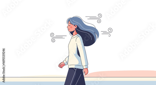 A Peaceful Stroll Depicts Woman Enjoying Serene Breeze and Momentary Self-Reflection