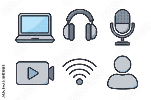 Modern flat design technology icon set. Laptop, headphones, microphone, video, wifi, user. For web, online communication, podcast, streaming, webinar, video conference concept.