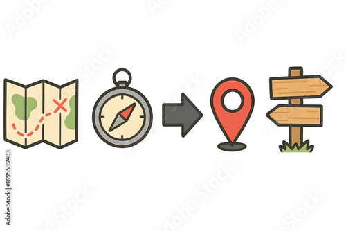 Navigation icon set with map, compass, direction arrow, location pointer, wooden signpost, cartoon vector illustration with transparent background, travel and exploration symbols