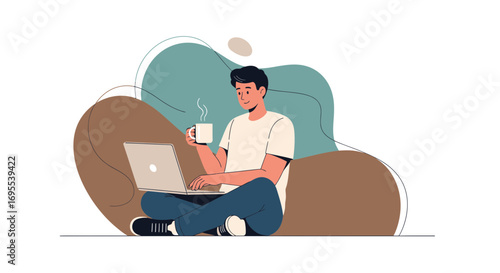 Man Relaxing With Coffee And Laptop in Hand, Creative Illustration of Everyday Life