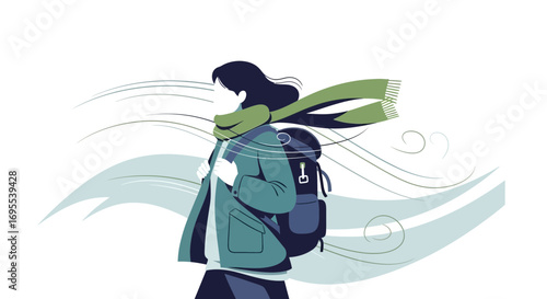 A person bundled up against the wind wearing a scarf and backpack going on a trip