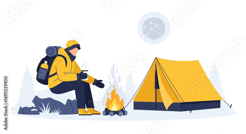 A person camping and relaxing near a fire in a snowy outdoor scene illustration only