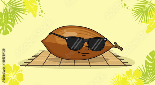 Relaxed Coconut Wearing Sunglasses Enjoying Summer Vacation With Tropical Surroundings