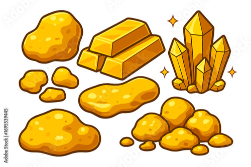 Various types of gold including nuggets, bars, and crystals displayed together in vibrant colorful arrangement, shiny precious metal, mineral wealth, treasure, vector cartoon illustration