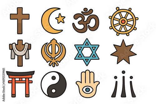 Various religious symbols collection. Religious icons set in cartoon vector style with transparent background. Educational and multicultural faith symbols illustration. Symbolic spiritual emblems.