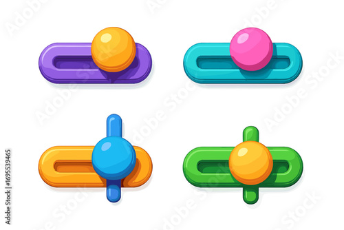 3D colorful icon set of sliders and toggle switches for user interface design. Vector cartoon UI UX elements for app settings, control panels, and level adjustments. On off button.