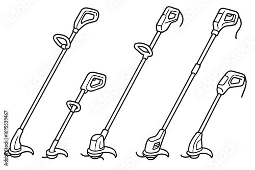 Grass trimmer vector icon set for lawn care and gardening. String trimmer & weed eater line icons. Landscaping equipment outline illustration. Garden tool collection.