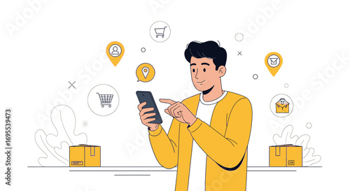 Man Shopping Online And Tracking Deliveries With Mobile Phone, Digital E-Commerce