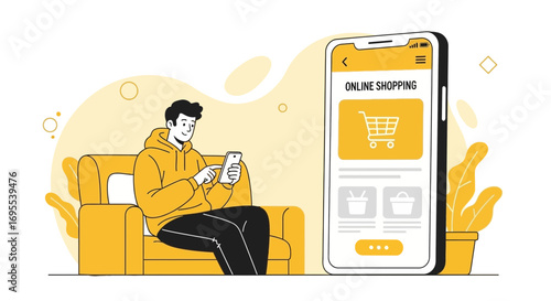 Man Shopping On Mobile Phone Device, Digital Commerce, Modern Technology Concept Illustrated