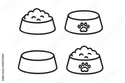 Pet bowls simple line icon collection. Dog or cat feeder vector set. Cartoon illustration of full and empty bowls with food and paw print. Animal care and feeding concept.