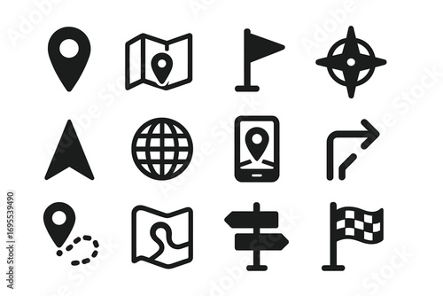 Navigation and map icon set with modern black flat symbols for travel, direction, GPS, location, route planning, compass, map pin, globe, mobile navigation, and wayfinding vector illustration