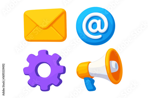 3D communication icon set. Vector cartoon email, at sign, gear and megaphone symbols for web design, apps, and marketing. Glossy plastic style interface elements.