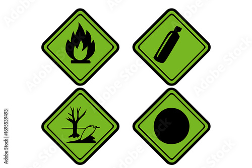 Hazardous Material Safety Signs Vector Set, Non-Flammable Gas, Non-Toxic Gas, Environmental Hazard, Warning Symbols, Black Icons on Green Diamond Background