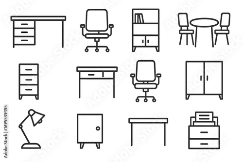 Office furniture vector icons collection, editable stroke line art. Modern office chair, desk, lamp, shelves, filing cabinet, table and storage illustrations for infographics, articles, banners