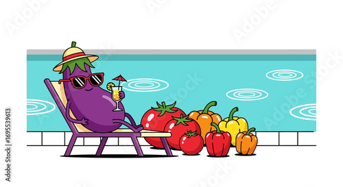 Relaxed Eggplant Enjoying Summertime Drinks With Playful Vegetable Pals By The Poolside