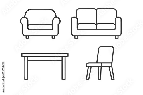Furniture line icon set. Home interior design elements. Sofa, armchair, table and chair symbols. Minimalist outline pictogram collection for web and app. Editable stroke vector.