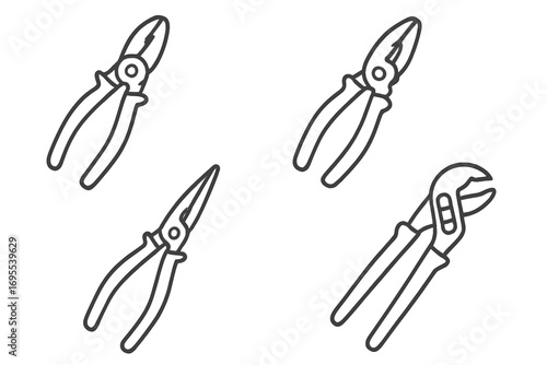 Set of linear pliers icons for tools and hardware design. Vector illustration of combination, side cutting, needle nose, and water pump pliers for repair and workshop.