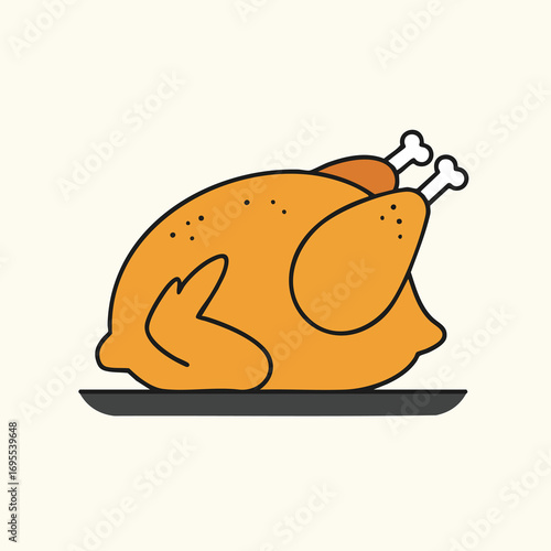 A simple, stylized illustration of a golden-brown roasted chicken on a dark platter.